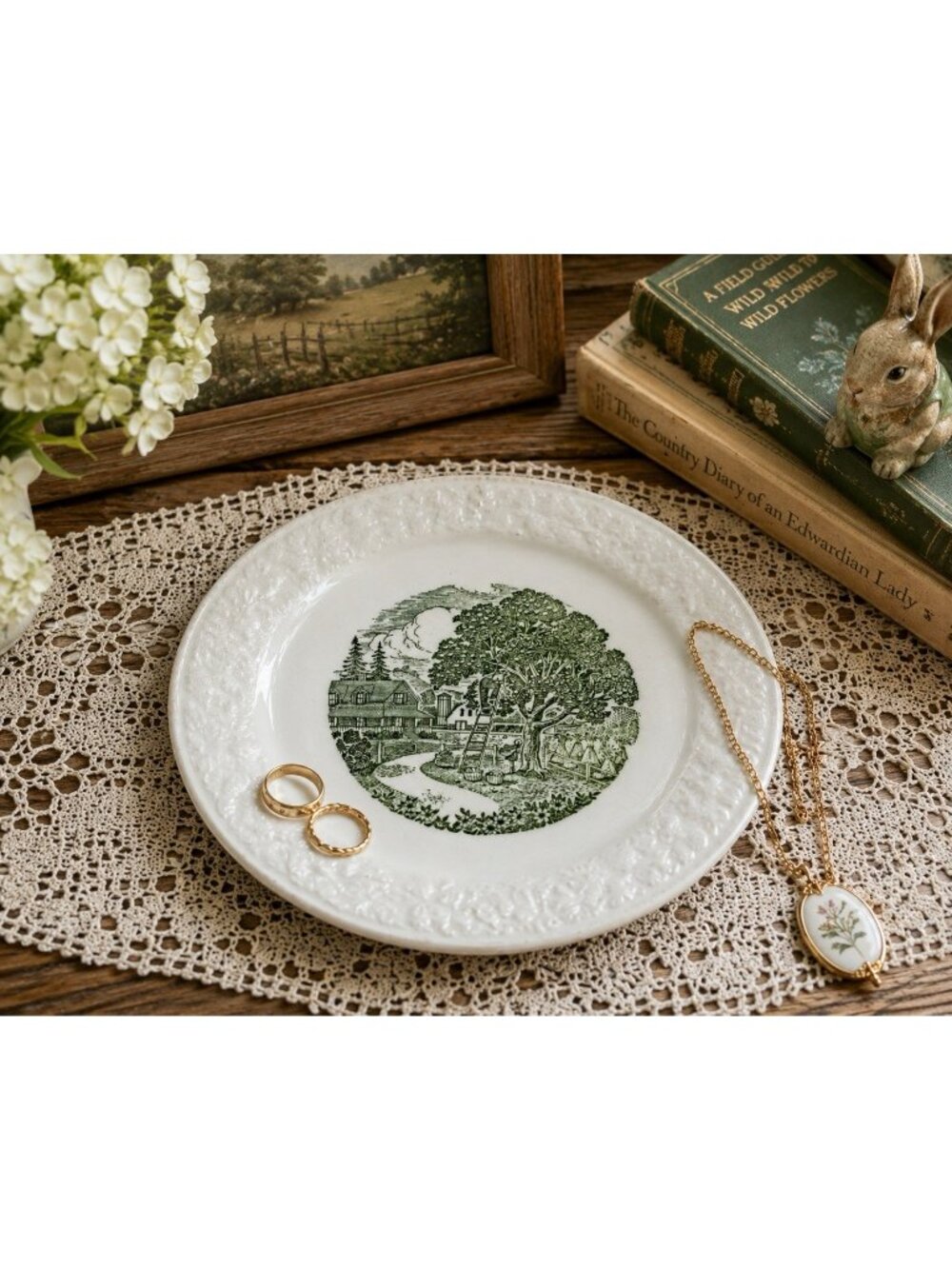 Vintage Taylor Smith Taylor Pastoral Green Transferware Trinket Dish Bread Plate